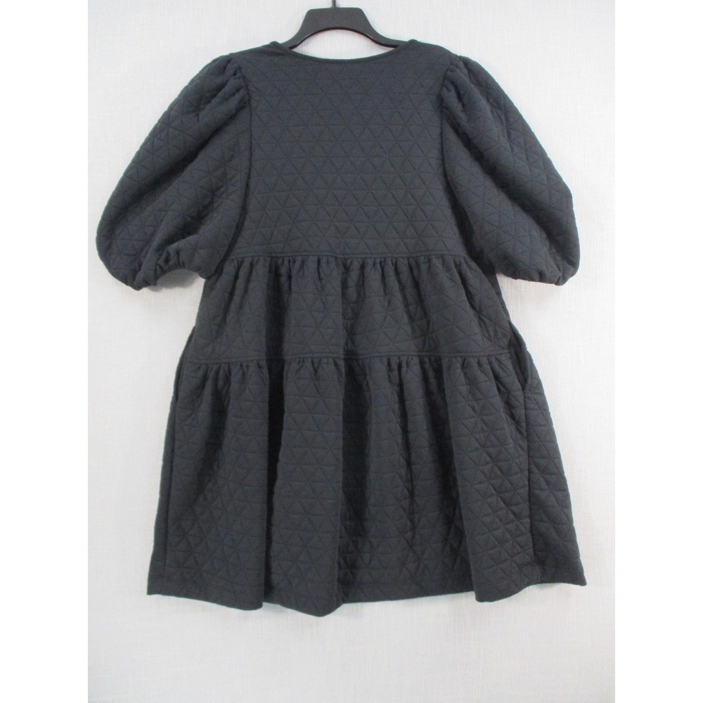 A New Day Black Quilted Puff Sleeve Tiered Babydoll Mini Dress Large L - Picture 7 of 9